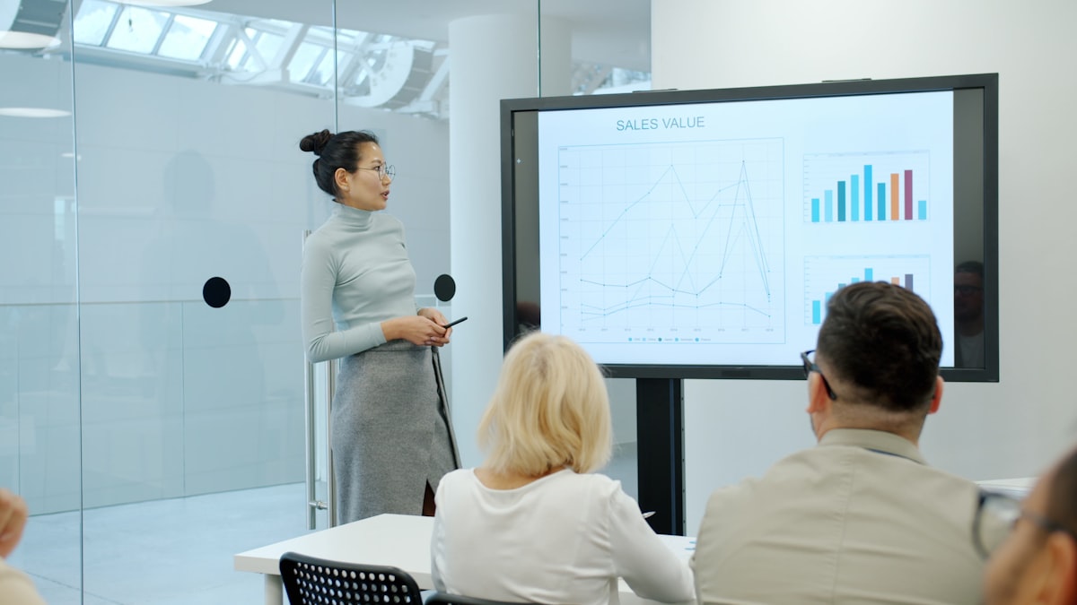 A presentation shown on screen in a boardroom